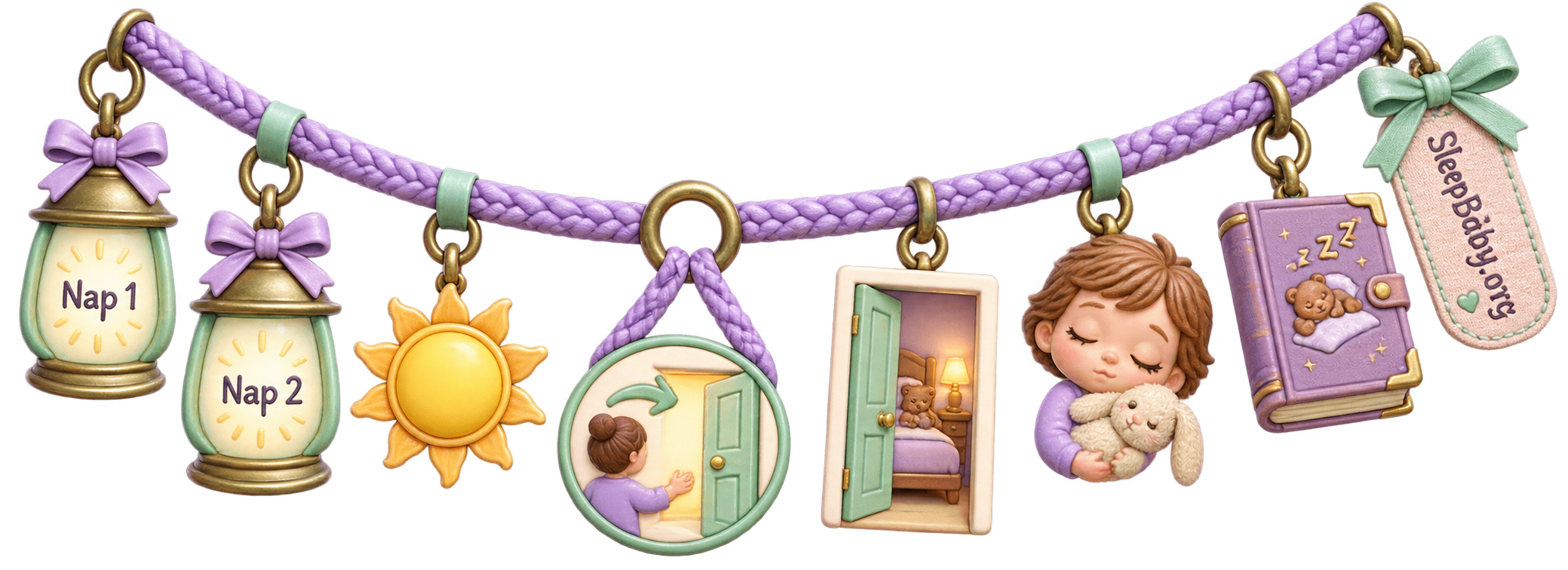 Transparent lavender rail contrasts two nap lanterns with a caregiver return, open doorway and bedtime book