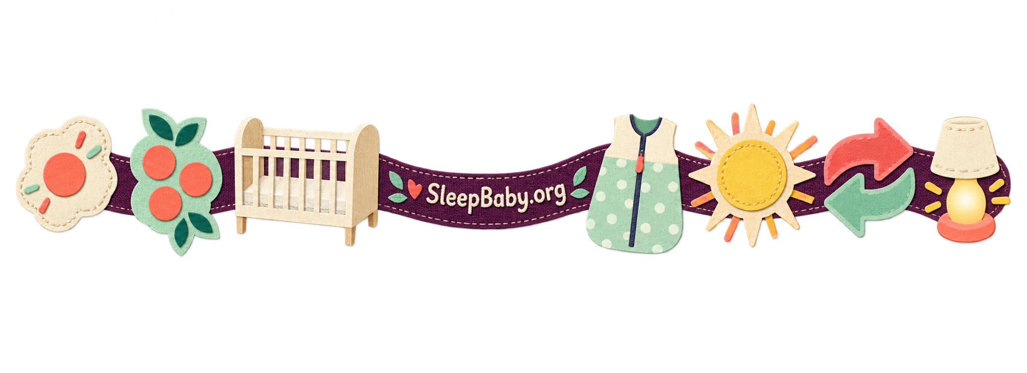 A SleepBaby teaching rail shows repeated observation marks, a safe crib, sleep sack, changing daylight and reversible arrows.