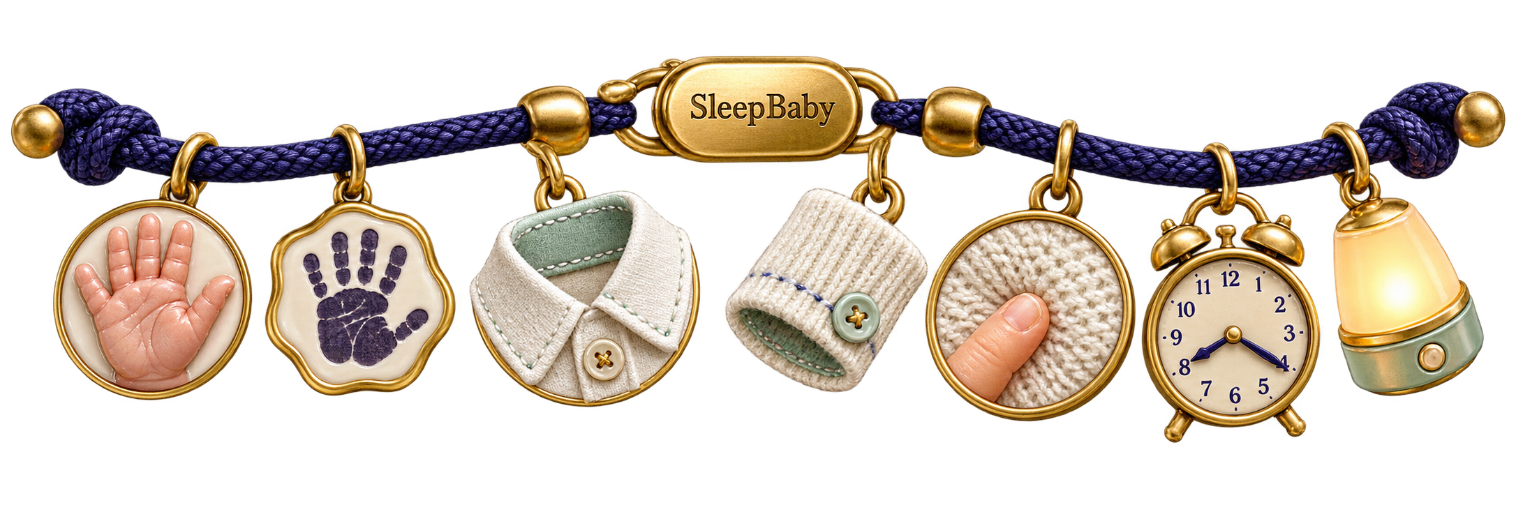 An indigo charm ribbon showing a baby palm, grasp handprint, shirt collar, cotton cuff, fingertip, clock, and nightlight.