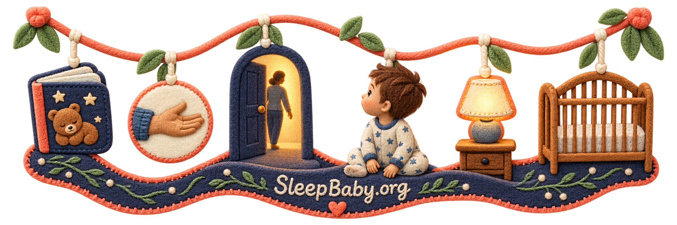 Transparent felt rail linking a closed book, caregiver hand, calm doorway, seated toddler, bedside lamp, and a bare crib