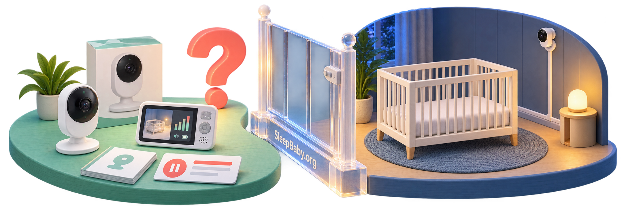 Monitor purchase objects stay separated from a bare crib and cord-secured nursery by a clear transparent gate