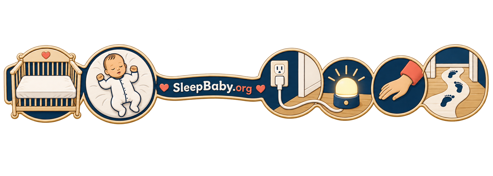Editorial safety rail showing an empty crib, back-sleeping baby, distant cord, floor light, caregiver hand, and clear path