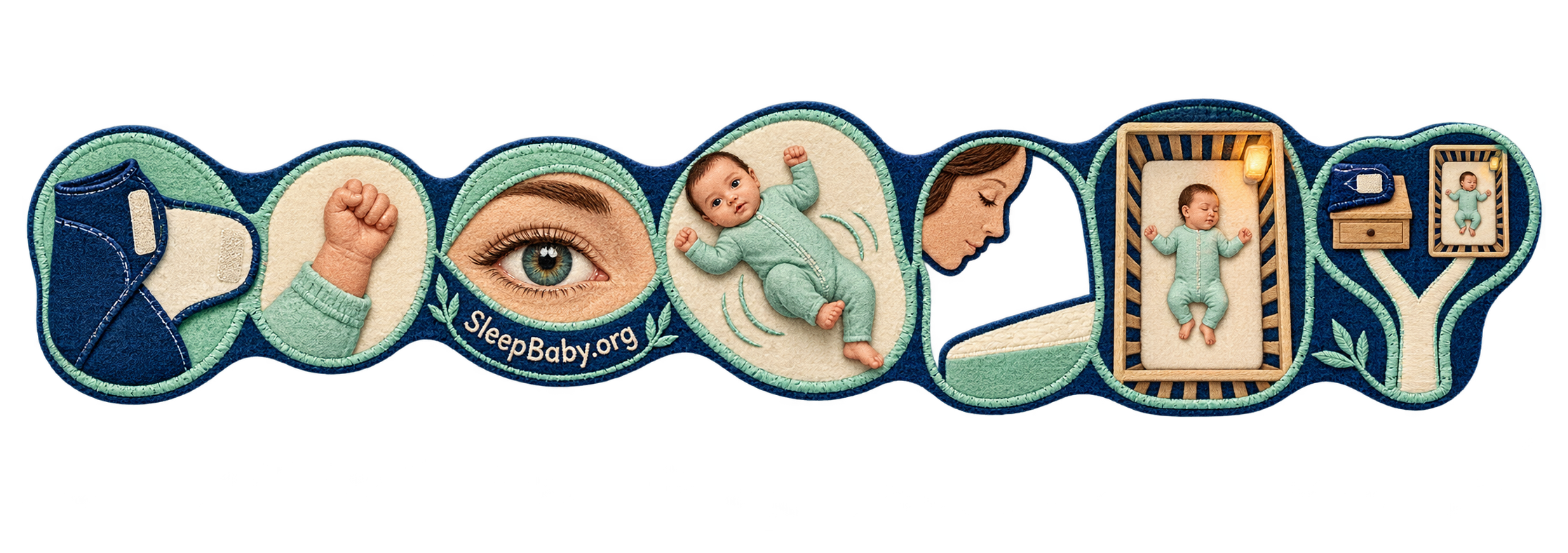 Embroidered rail moves from an opened swaddle and raised fist through an observed turning attempt and clear face space to an arms-free bare crib.