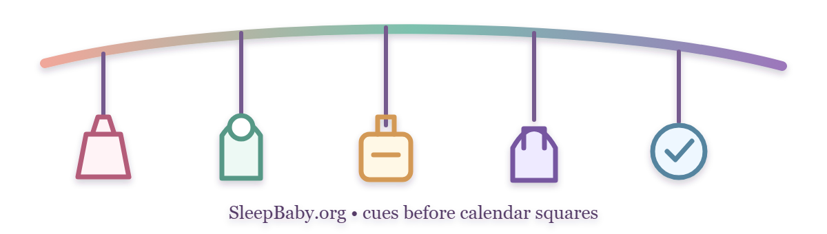 Transparent teaching rail follows feeding and baby cues before a calendar checkmark