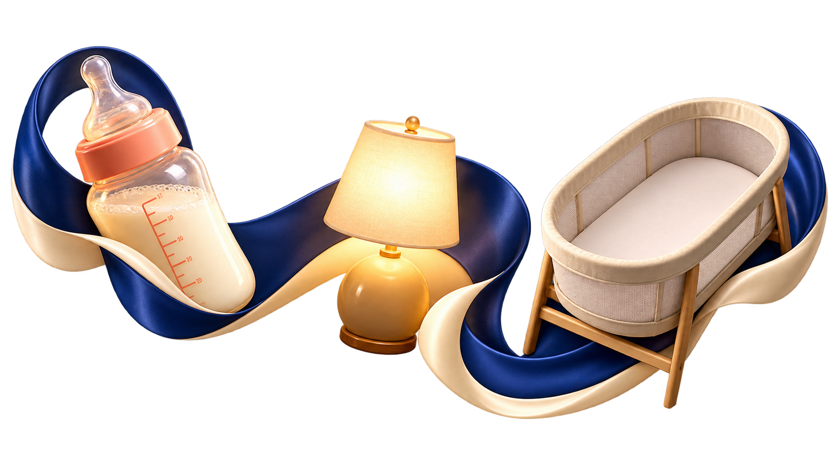 Editorial rail linking a feeding bottle, warm lamp, and empty bassinet
