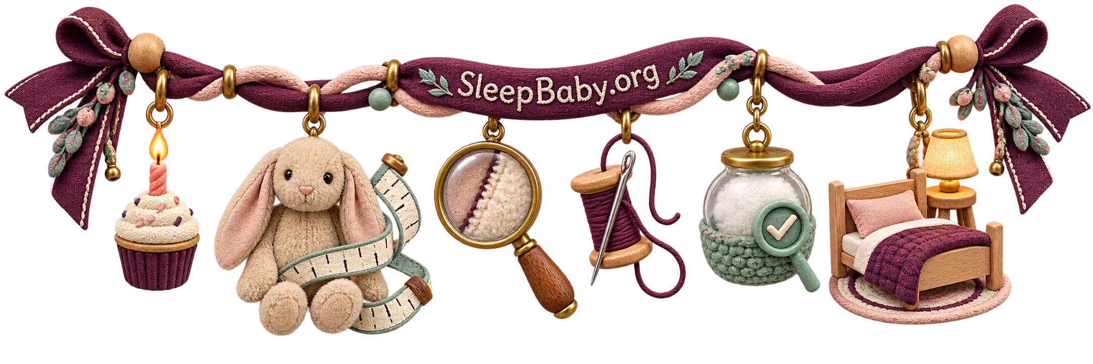 Plum textile rail shows a first birthday followed by bunny size, seam, filling, and bedtime checks