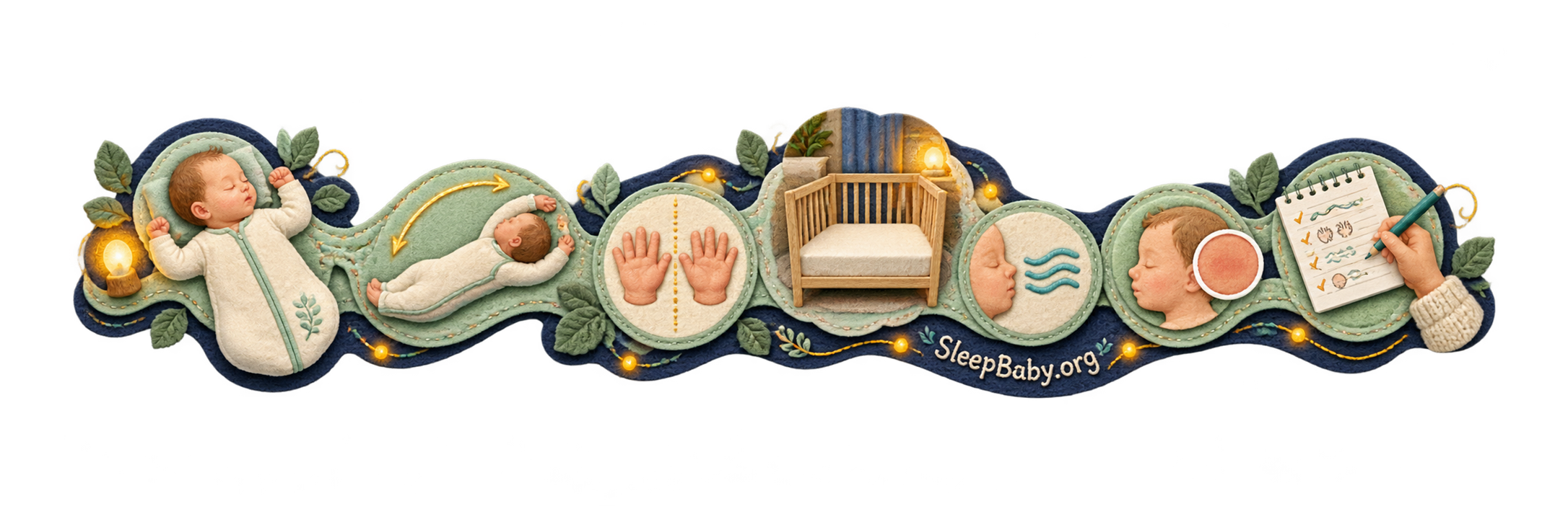 Five linked sleep-scene frames show state, movement shape, symmetry, setting, and whole-baby signals.