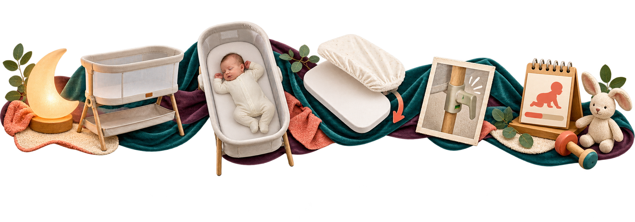 Transparent SleepBaby rail linking a model label, infant sleep symbol, firm bare pad, locked frame, and milestone limit