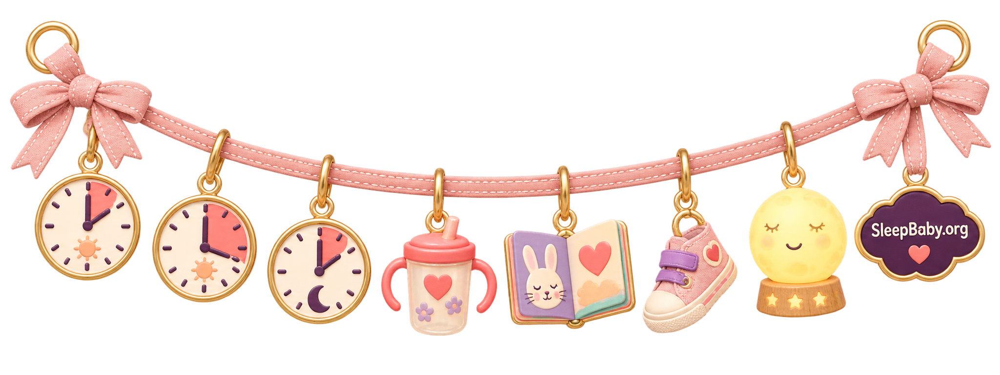 Blush rail with stepping clocks, cup, book, shoe, and early-bedtime moon lamp