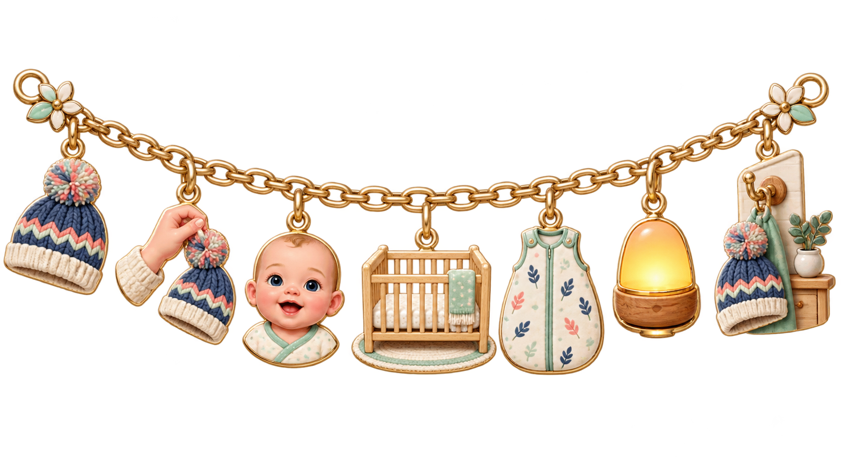 Seven charms move a knit hat from baby's head to a hook away from a bare crib