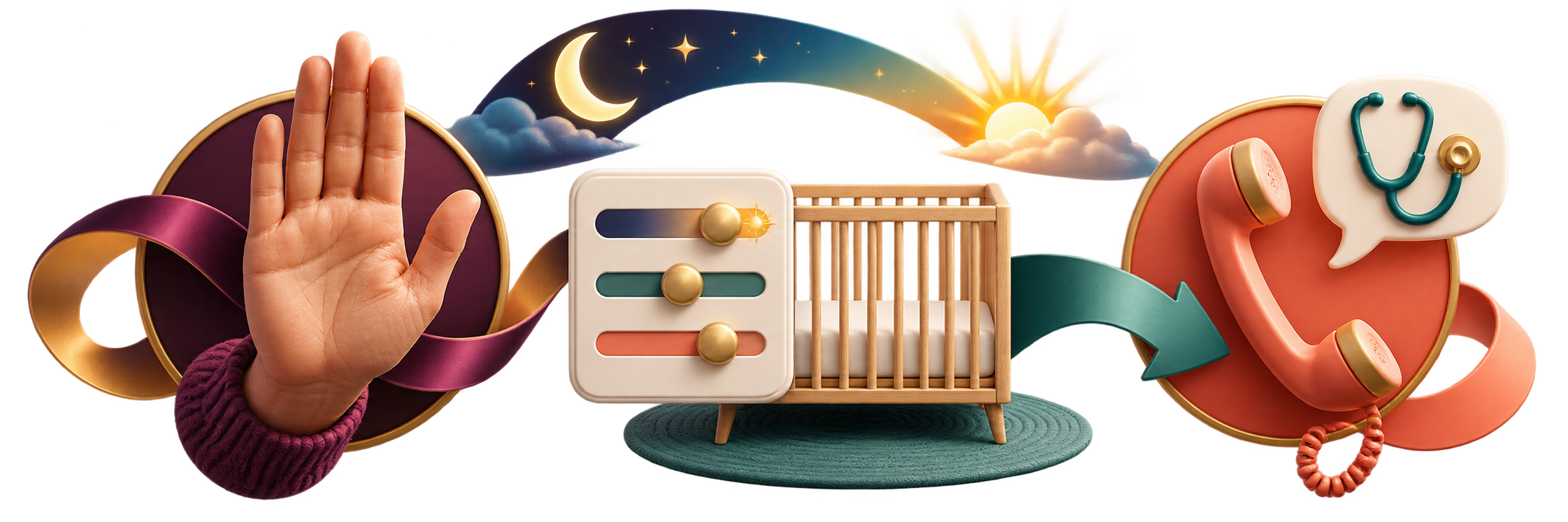 Transparent SleepBaby rail showing hold steady, test one sleep-setting change beside a bare crib, and call a clinician when concerns appear