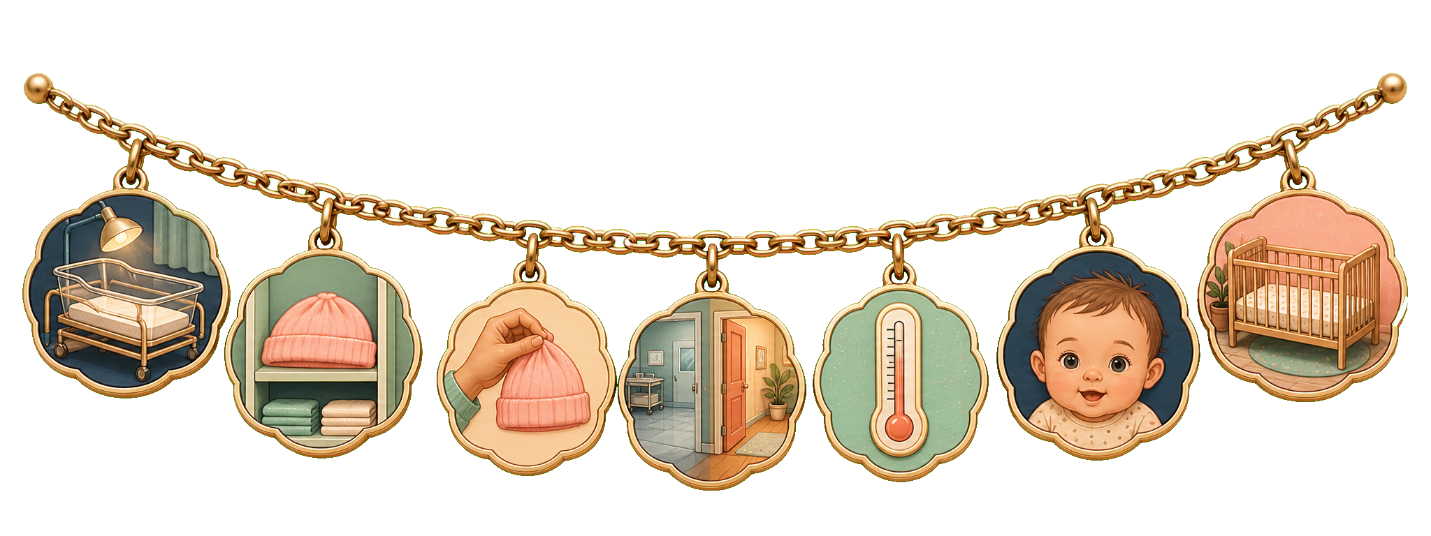Seven charms separate an empty supervised hospital bassinet and stored cap from an uncovered baby and bare home crib
