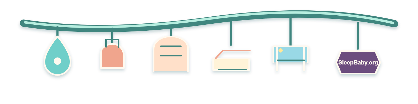Transparent teaching rail with saline, feeding, a flat mattress, bare crib, and woven SleepBaby.org tag