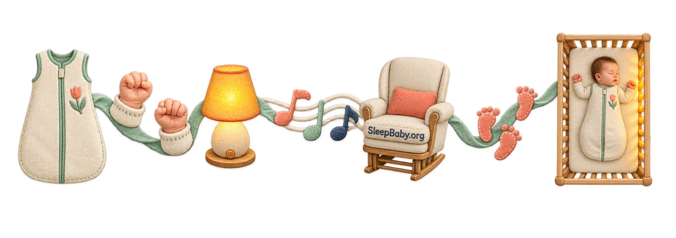Felt rail connects an arms-free garment and two fists with a lamp, song, chair, caregiver footsteps, and a safe bare crib.