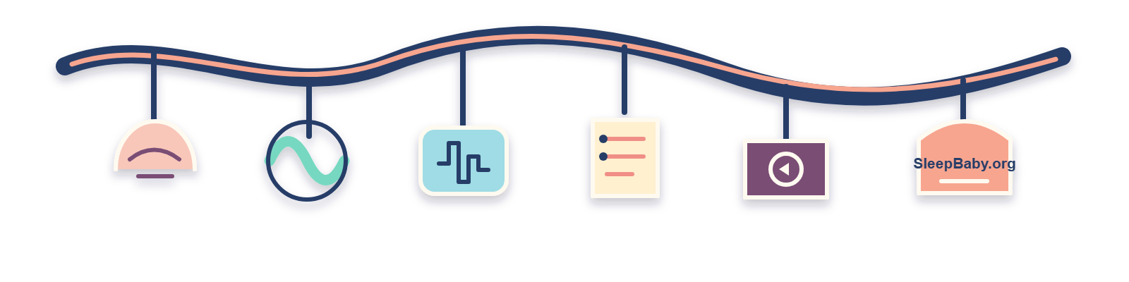 Transparent teaching rail with a sleeping face, airflow wave, breathing trace, notes, video cue, and SleepBaby.org tag