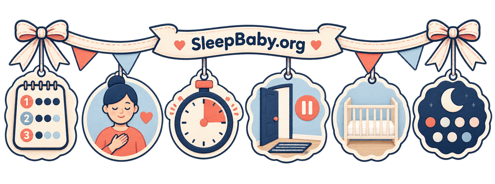 A teaching rail connects a three-step response, a calm caregiver, timer, doorway pause, empty crib, and seven nights.