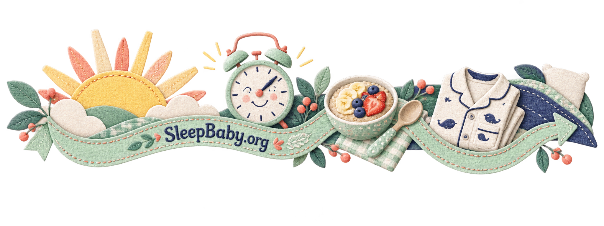 A sunrise, wake clock, breakfast bowl and pajamas mark the morning anchor for the next sleep.