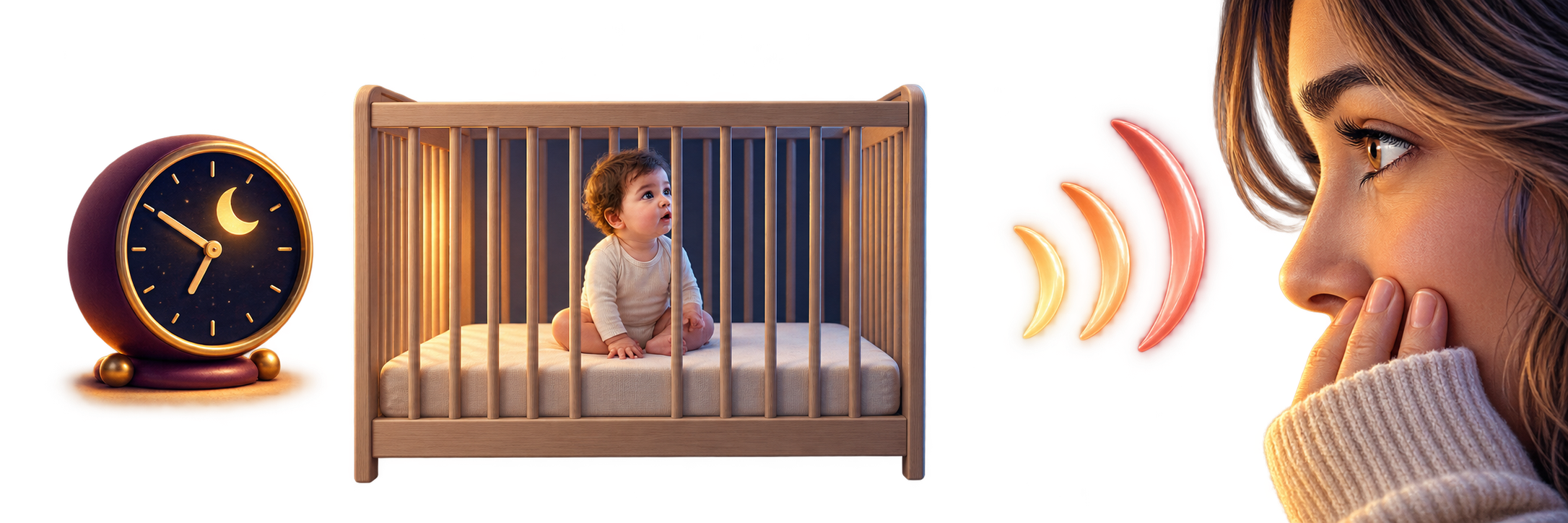 Transparent SleepBaby teaching rail moving from a night clock through an alert eight-month-old in a bare crib to a caregiver noticing the changed wake pattern