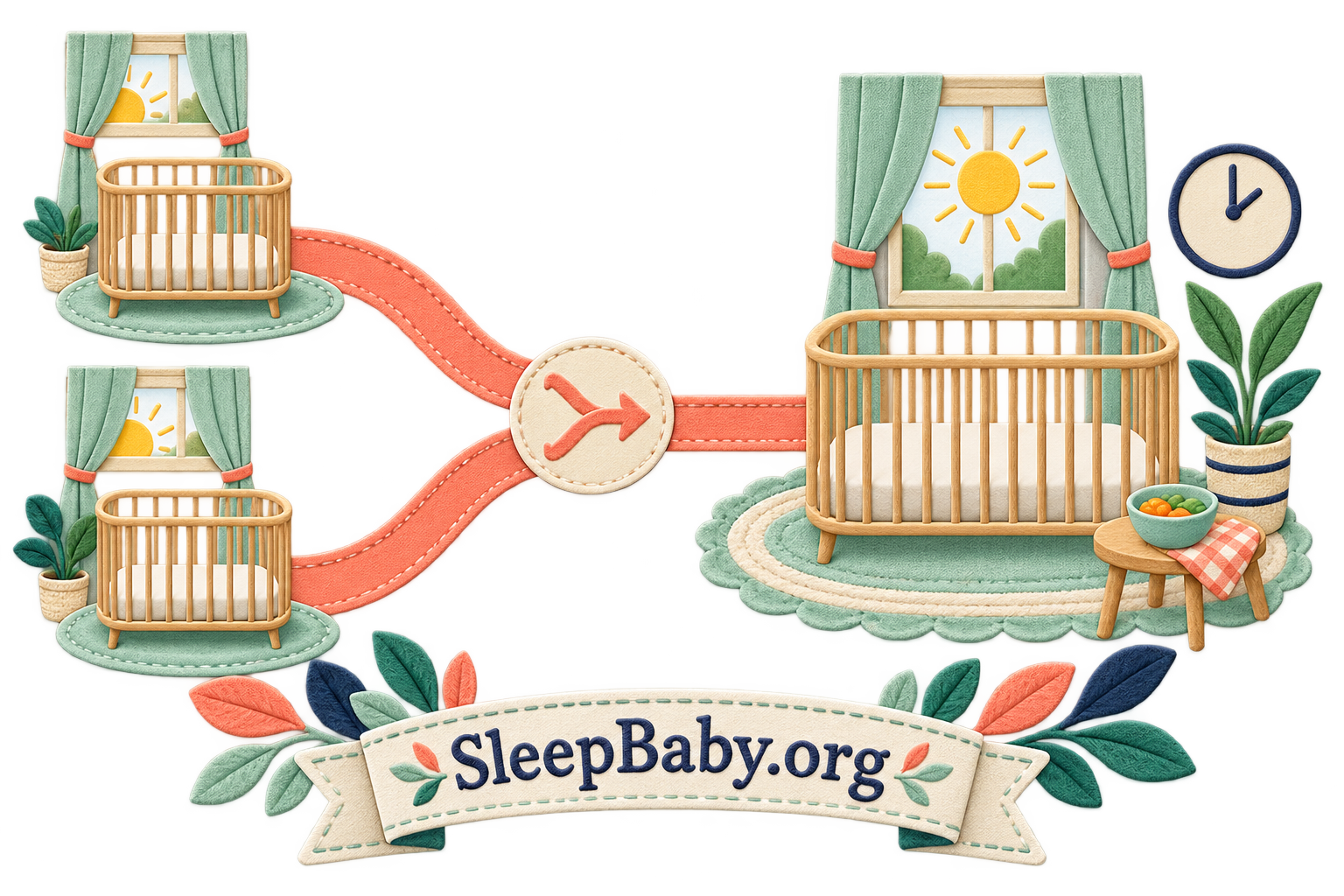 Two nap paths converge toward one midday crib rest, with lunch and drawn curtains marking the handoff.