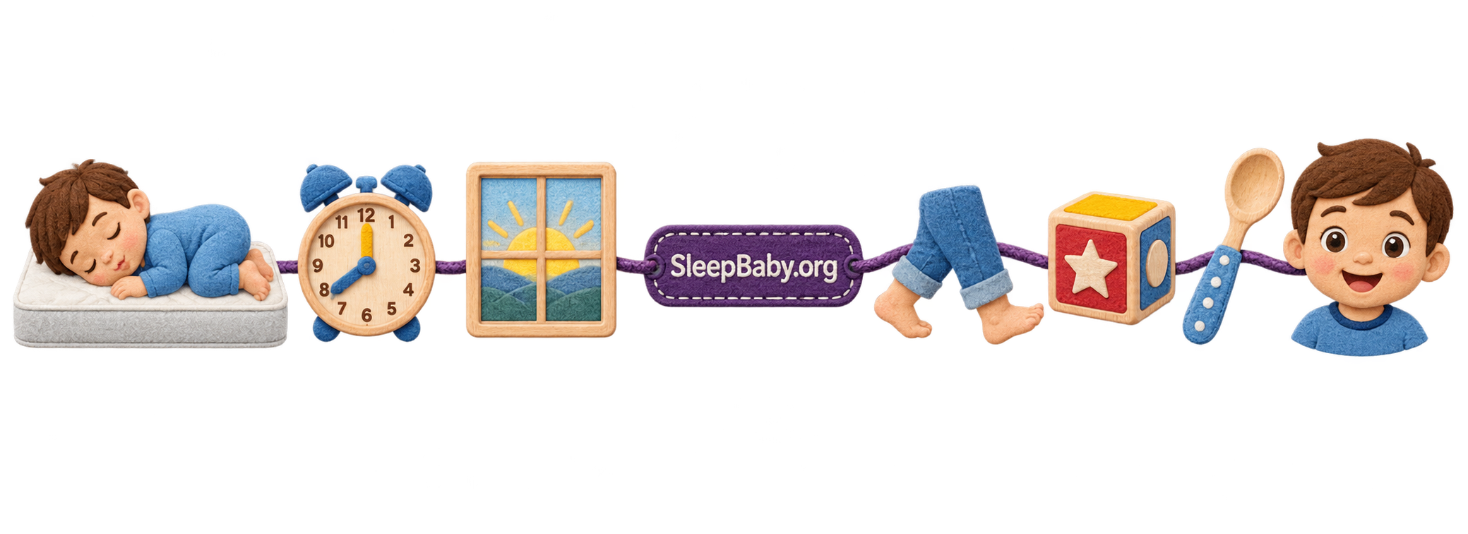 Felt SleepBaby teaching rail linking a folded sleeper and bedtime clock with dawn, walking, play, breakfast, and an alert face