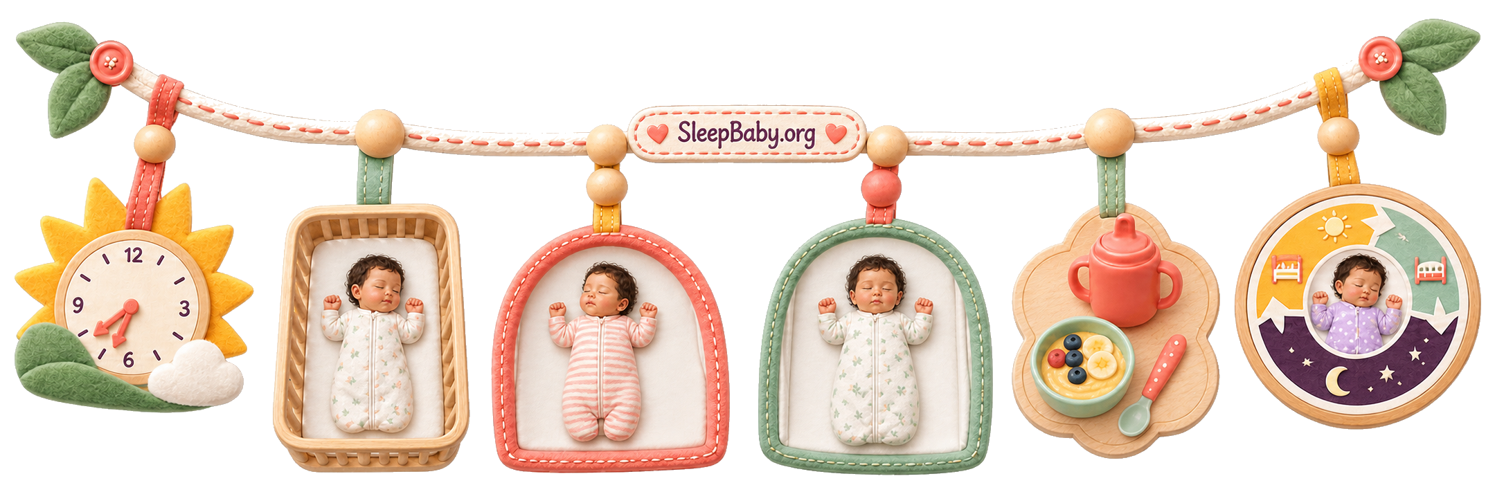 Teaching ribbon showing a full day of night sleep and two naps before a clock