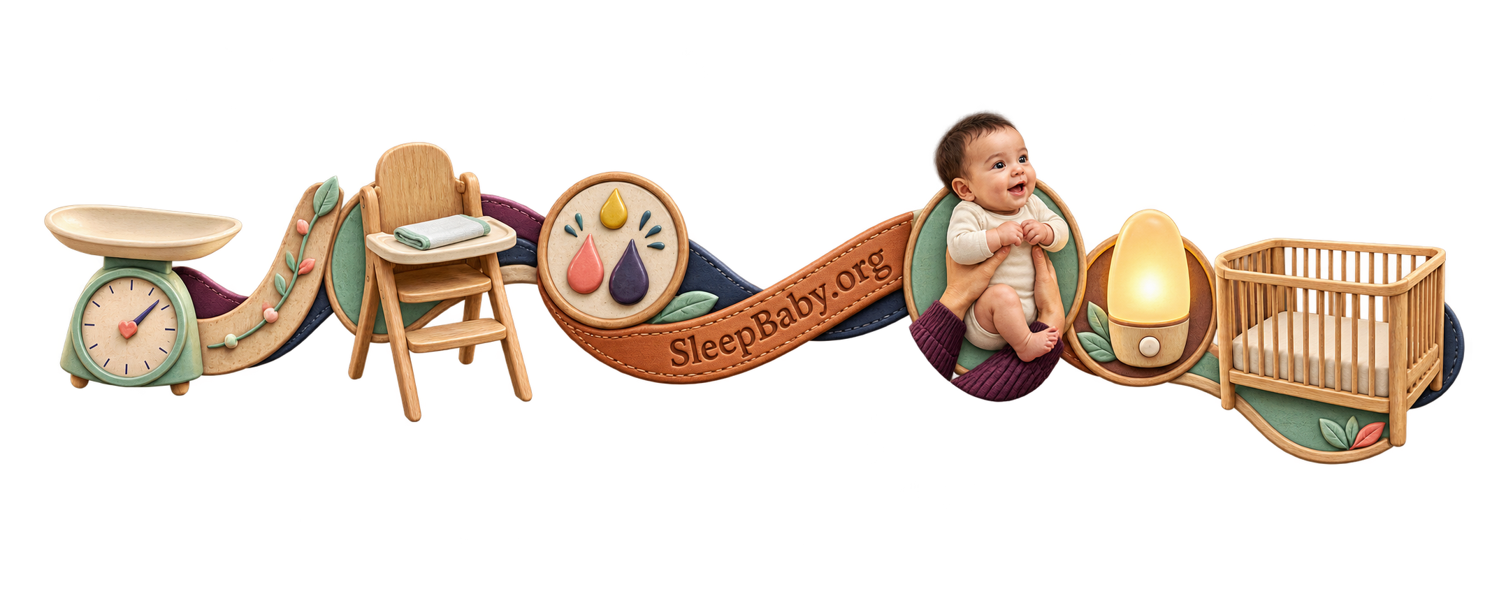 A SleepBaby.org teaching rail moves from a small scale and growth curve through feeding and output cues, an awake baby, a warm lamp, and an empty crib.