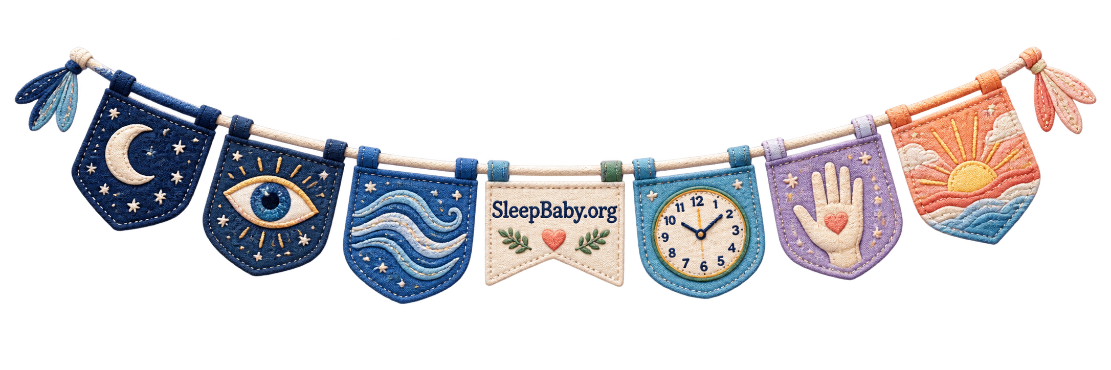 Quilted flags show night, an observing eye, breathing waves, a clock, an open hand, and sunrise
