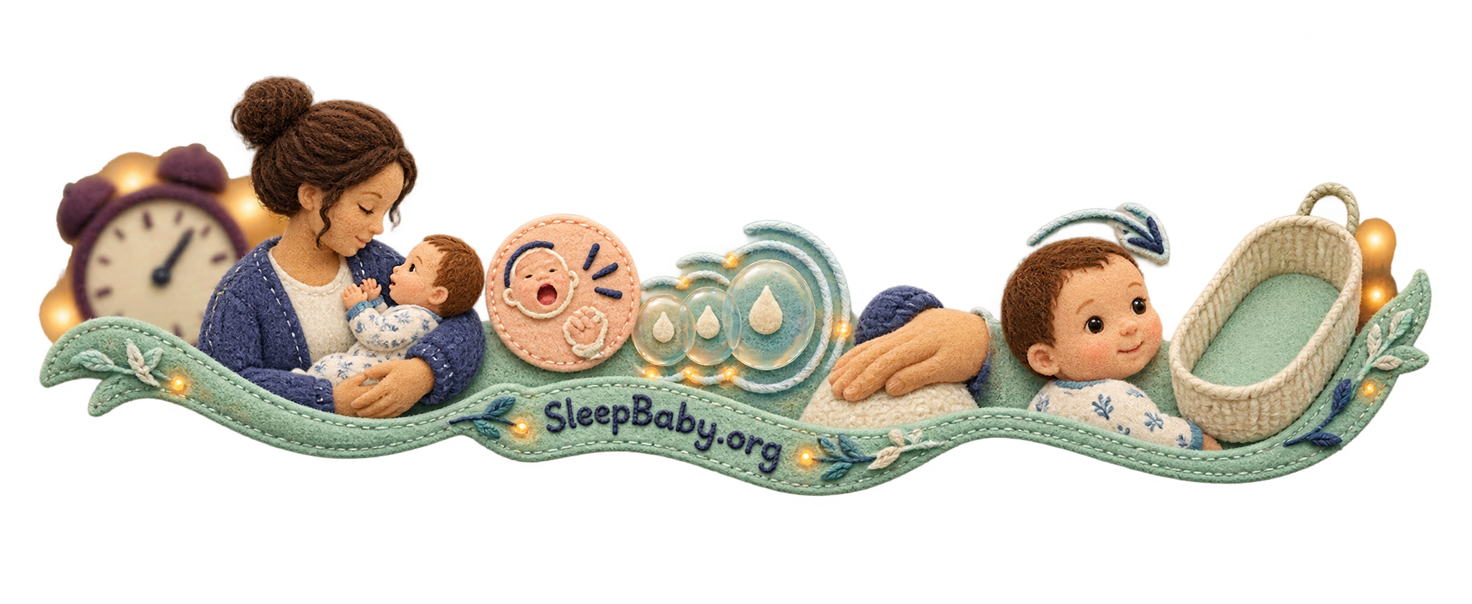 Illustrated ribbon connects a clock, an observed night feed, swallowing cues, a calm baby, and an empty bassinet