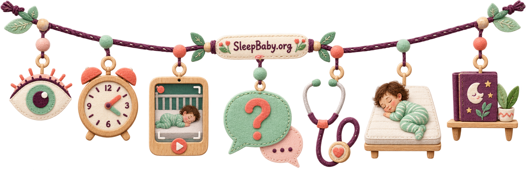 Felt SleepBaby teaching rail showing an observing eye, timestamp, short video, question, clinician, folded sleeper, and bedtime book