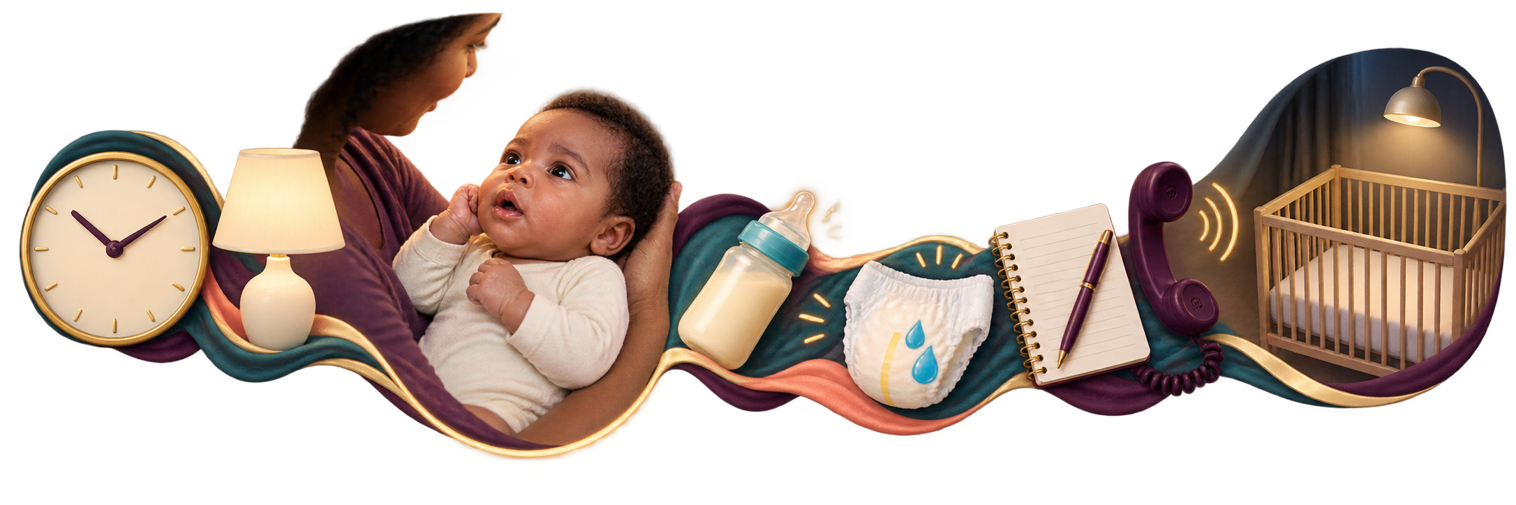 Clock, neutral lamp, awake baby, feeding and diaper cues, observation note, clinician phone and empty crib form a documentation rail