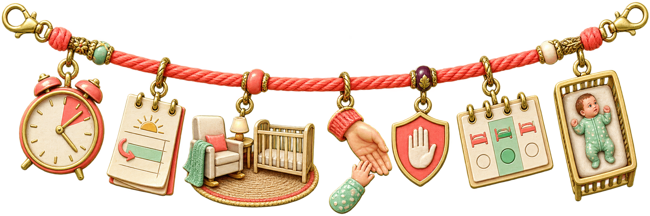 Seven coral and gold charms show one bedtime dial, a small schedule shift, a chair beside the crib, calm reassurance, a stop boundary, a three-night test, and an awake settling baby.