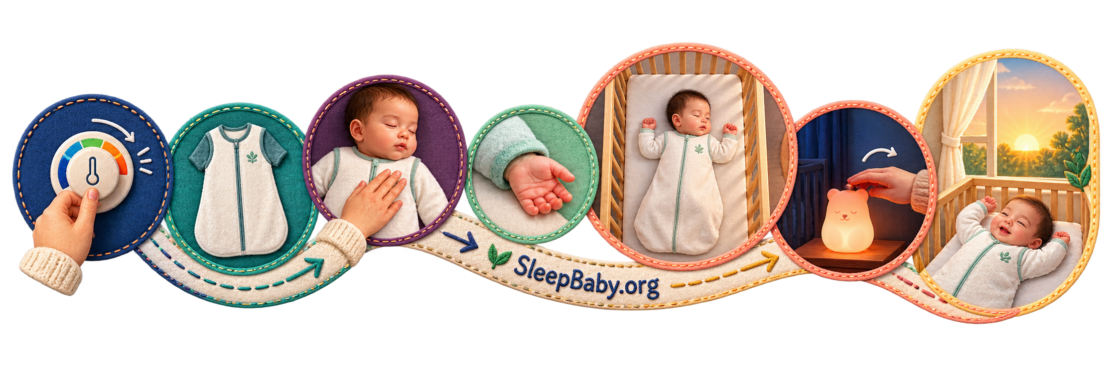 Illustrated teaching rail moves from one room adjustment through fitted sleepwear and a core check to a baby sleeping safely on the back at dawn