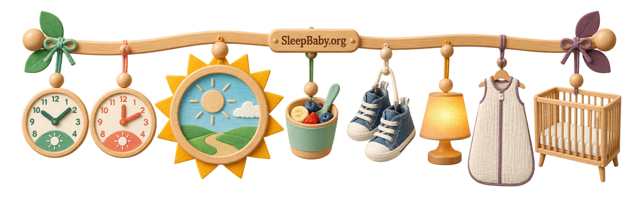 Transparent wooden rail moving from two clocks through a midday window, snack, walking shoes, bedtime lamp, sleep sack, and a bare crib
