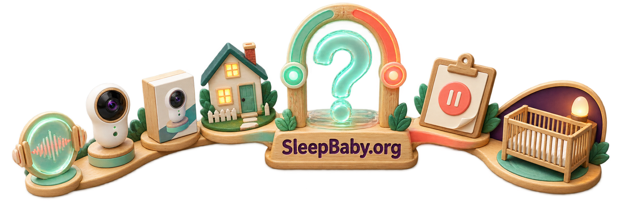 An audio wave, monitor box, house, and question gate lead to a bare crib on a transparent teaching rail