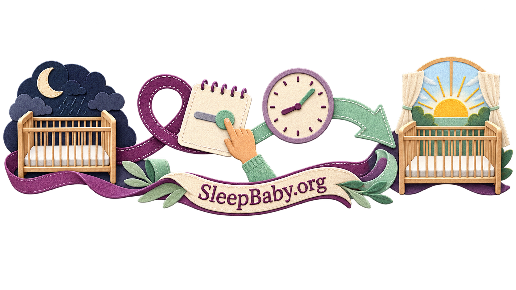 A one-change note, clock reset arrow, caregiver hand and dawn-lit empty crib show how to adjust one schedule variable.