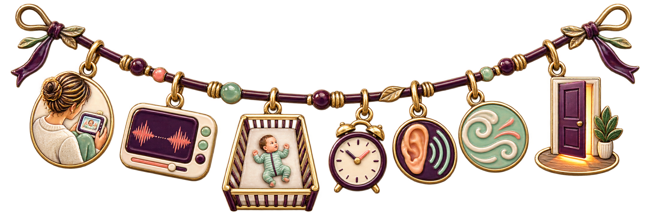 Seven enamel charms show a parent reading a monitor, crying with pauses, an awake baby in an empty crib, a clock, listening, calm breathing, and the nursery door.