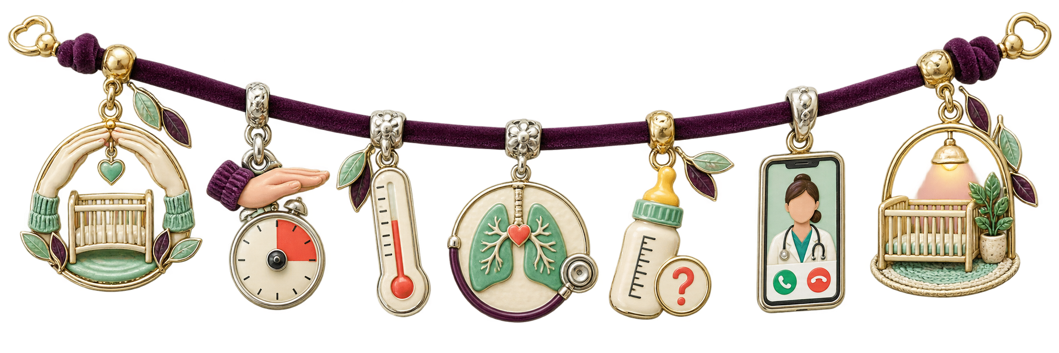 Seven protective charms show an empty crib, a hand stopping the timer, temperature, breathing, feeding, a pediatric call, and a softly lit safe crib.