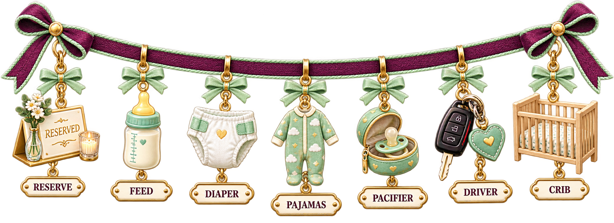 A transparent jewel-like ribbon with seven dinner-plan charms labeled Reserve, Feed, Diaper, Pajamas, Pacifier, Driver, and Crib.