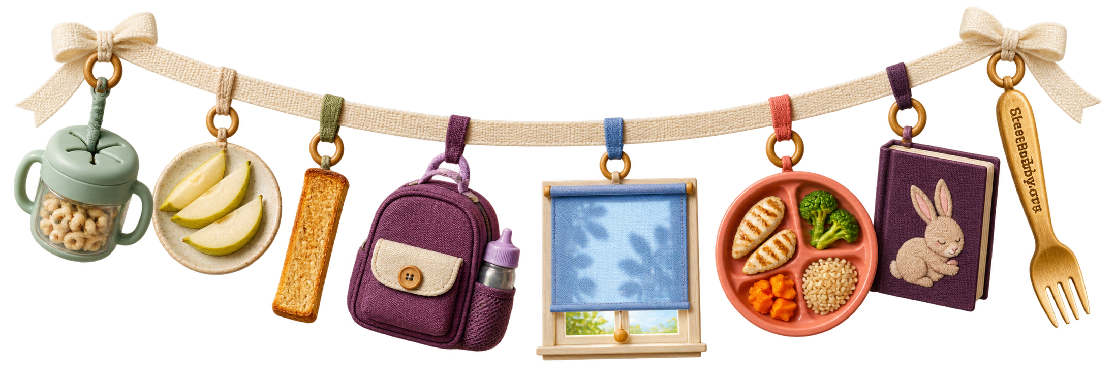 A jewel-like ribbon of a snack cup, pear, toast, daycare bag, shaded nap window, dinner plate, and bedtime book.