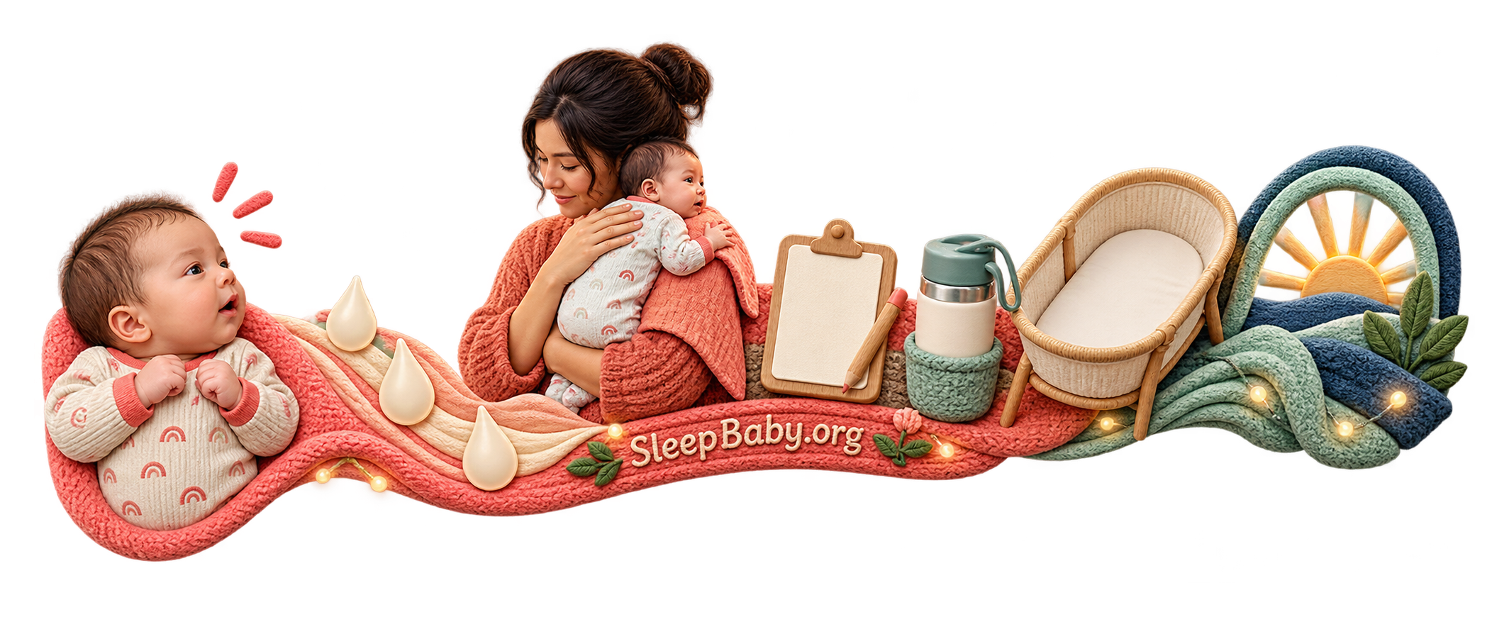 Illustrated ribbon links an awake baby's feeding cue, a post-feed cuddle, milk support, a feeding plan, water, an empty bassinet, and dawn