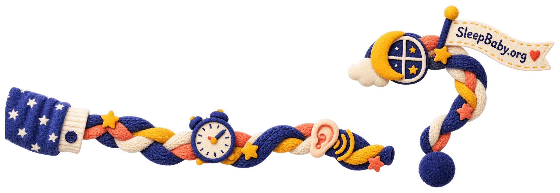 A braided textile path links pajamas, a clock, a listening ear, and a moonlit window