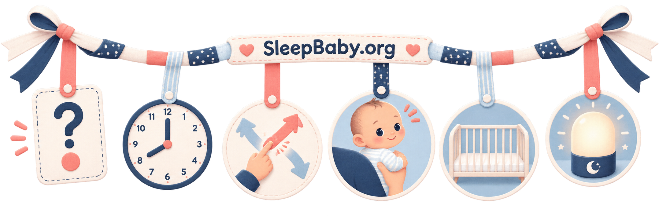 A teaching rail links one question, bedtime timing, a chosen response, an awake baby, an empty crib, and a nightlight.