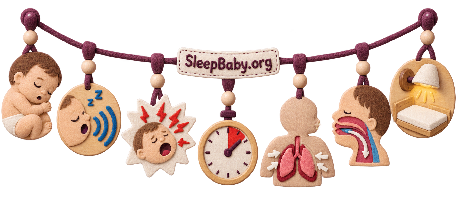 Felt SleepBaby teaching rail contrasting quiet breathing, snoring, gasping, pauses, chest effort, airway position, and a clear night bed