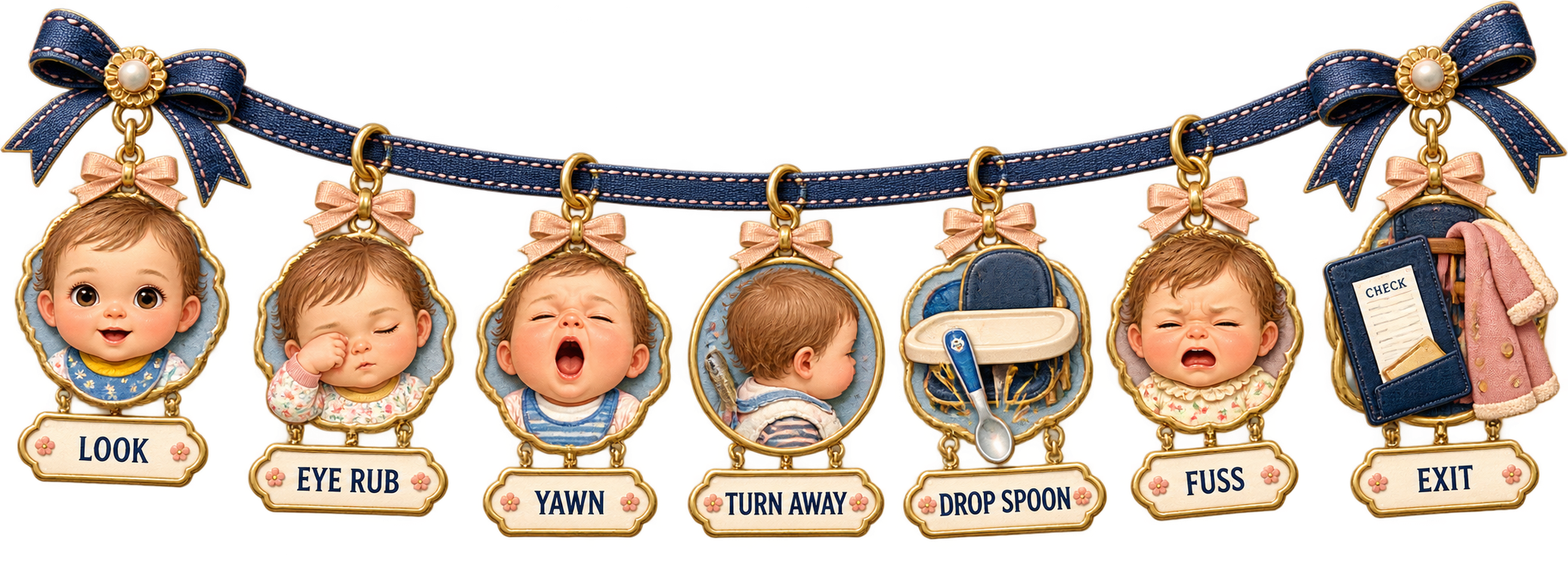 A transparent jewel-like ribbon with seven tired-cue charms labeled Look, Eye Rub, Yawn, Turn Away, Drop Spoon, Fuss, and Exit.