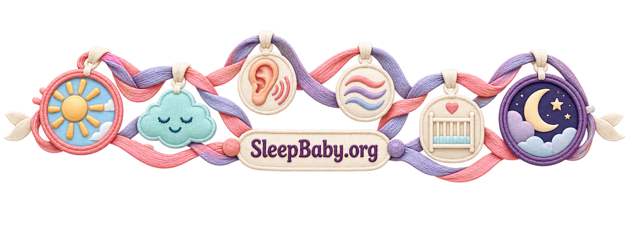 Woven coral and lavender rail linking sun, nap cloud, listening ear, crib, and moon