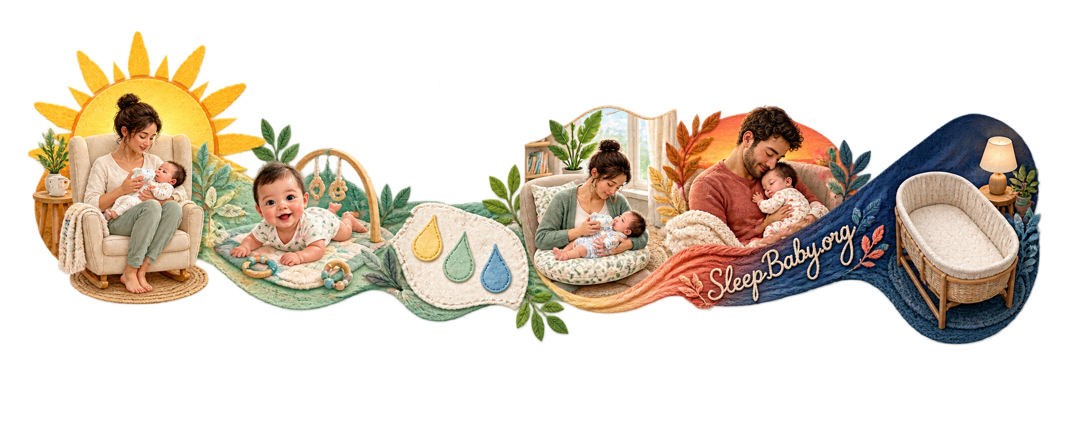 Illustrated ribbon moves from a daytime feed and diaper context through an evening feed to an empty nighttime bassinet