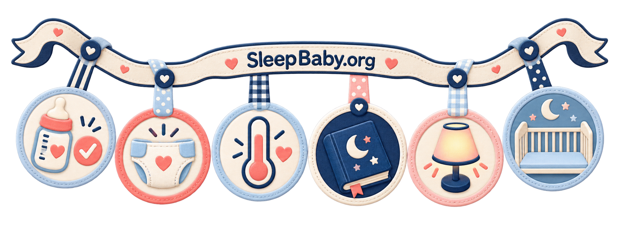A teaching rail shows a feed, diaper, temperature check, bedtime book, lamp, and empty crib.