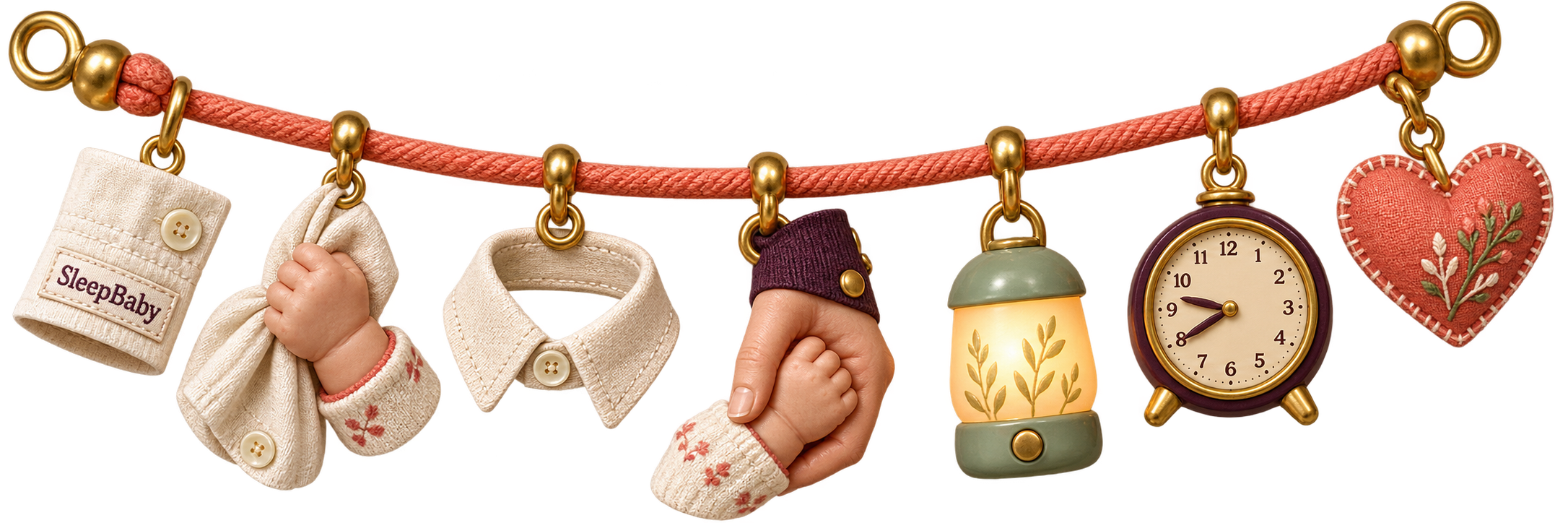 A coral charm ribbon with a shirt cuff, baby hand, collar, caregiver hand, nightlight, clock, and heart.