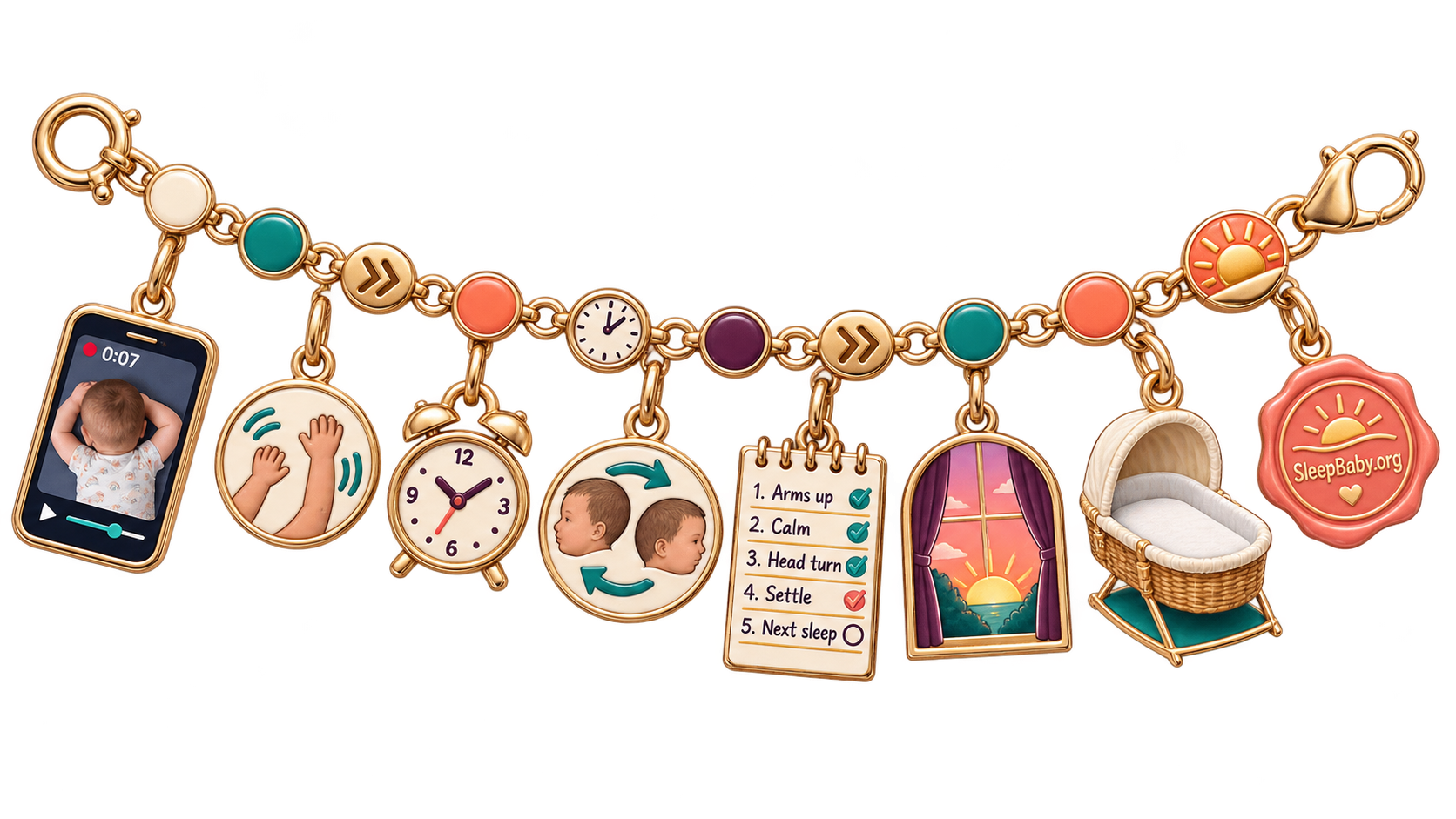 SleepBaby editorial rail showing a short movement video, paired hands, timing, head turns, notes, dawn, and the next safe sleep