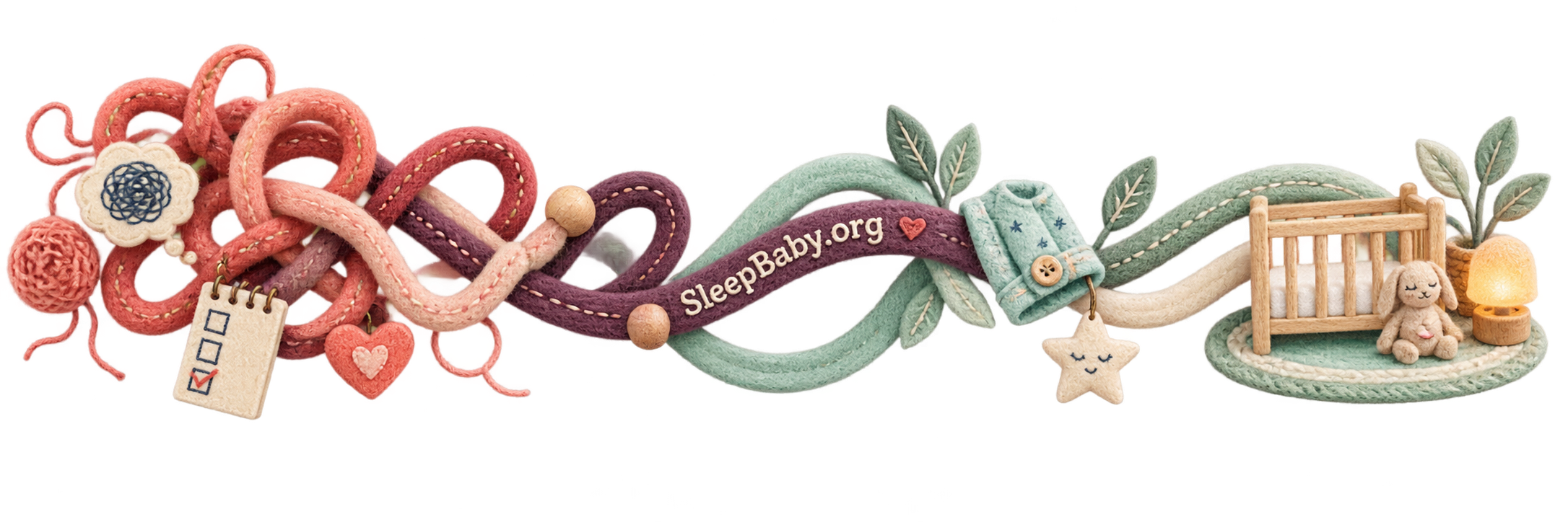 A tangled coral felt path settles into a mint bedtime path ending at a safe crib.